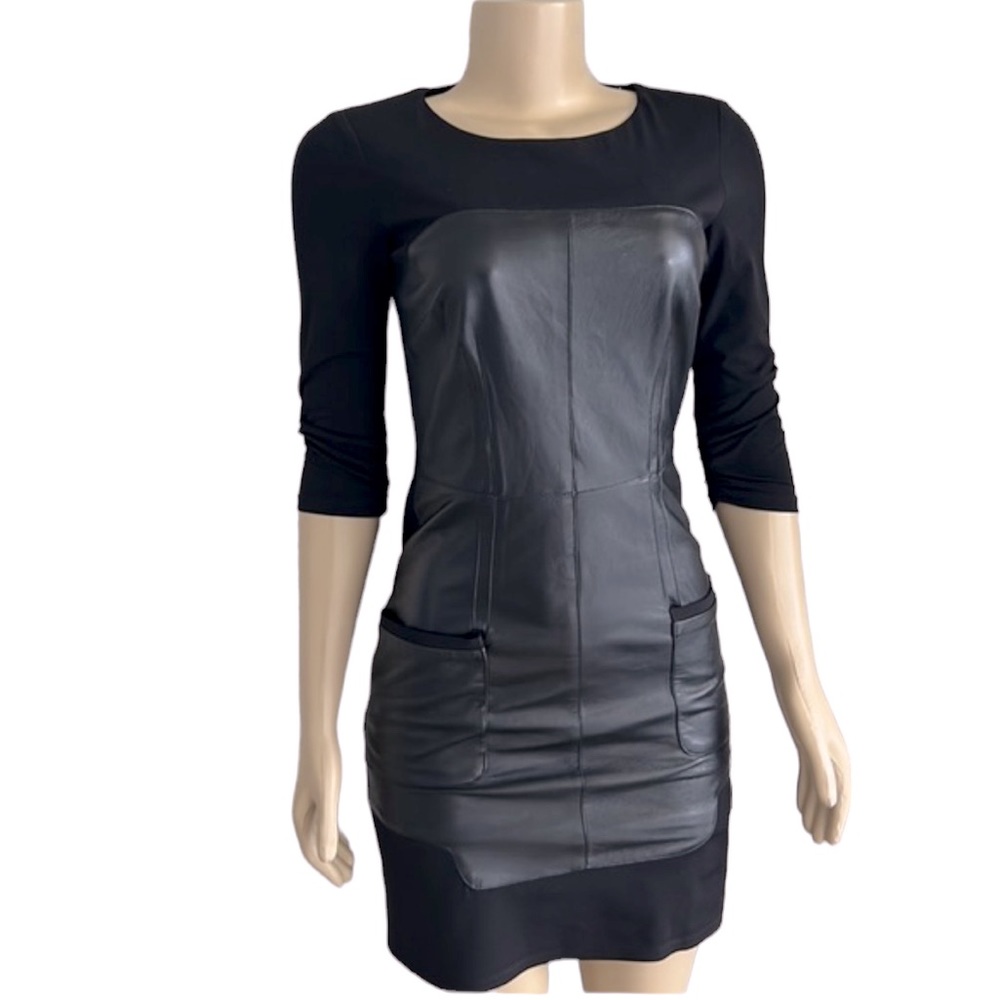 Laundry By Shelli Segal Faux Black Leather Front Dress